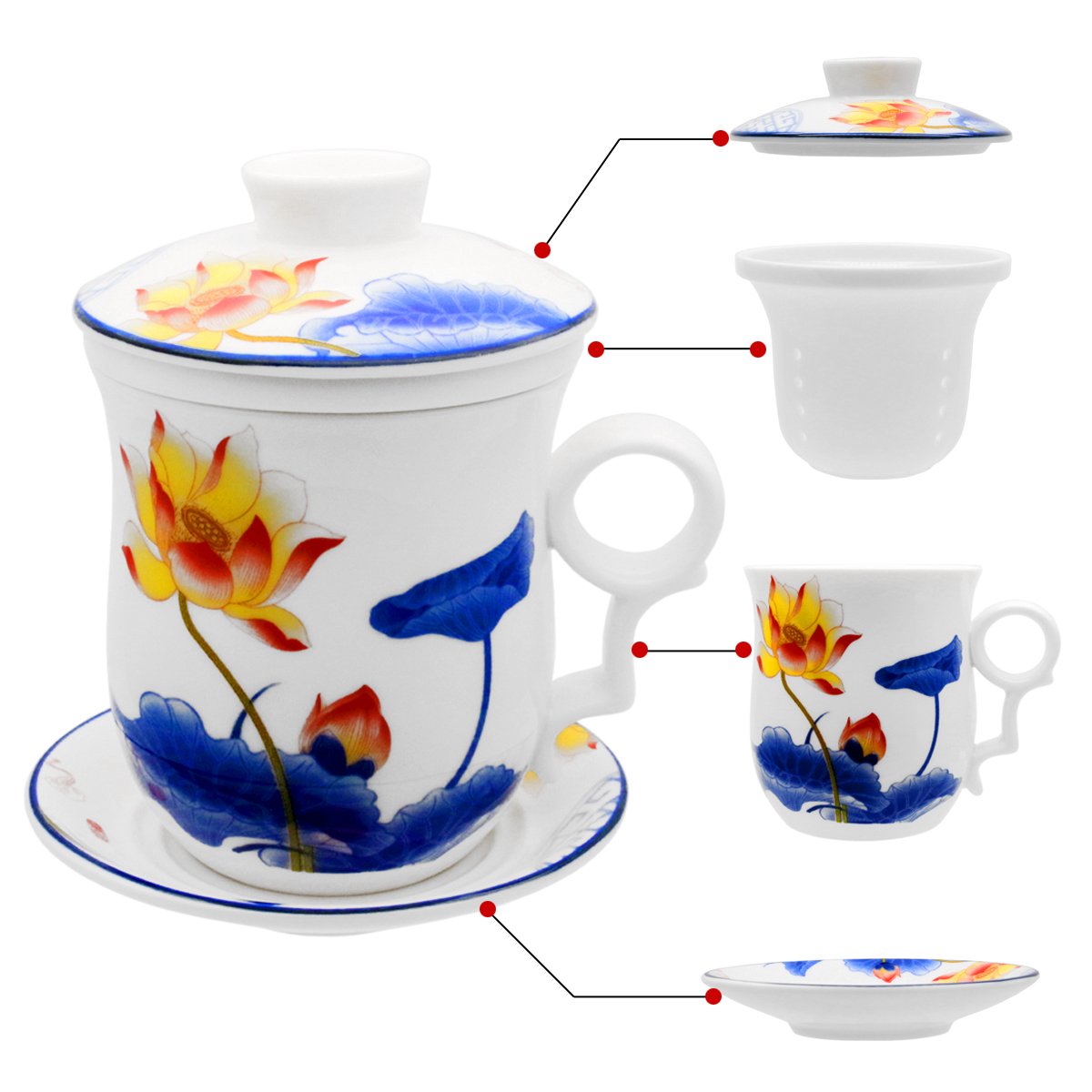 HOLLIHI Porcelain Tea Cup with Lid and Saucer Infuser Sets - Chinese Jingdezhen Ceramics Coffee Mug Teacup Loose Leaf Tea Brewing System for Home Office