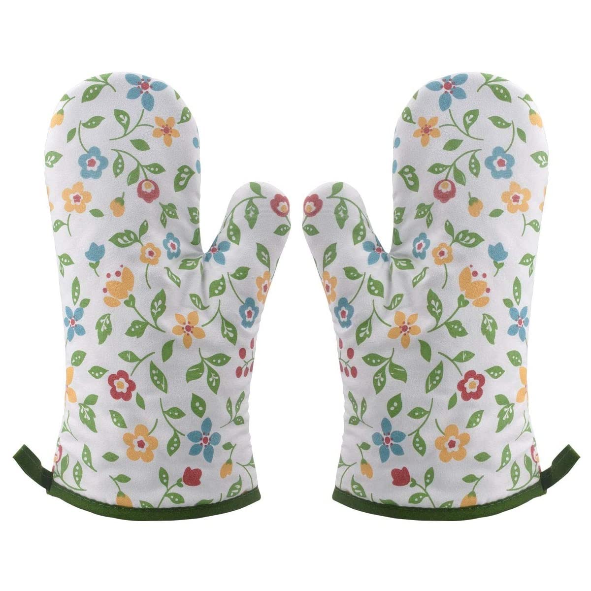 Voarge 1 Pair of Thickened Heat Resistant Oven Gloves, Oven Gloves, Heat Resistant, in Many Fun Designs, Floral Green
