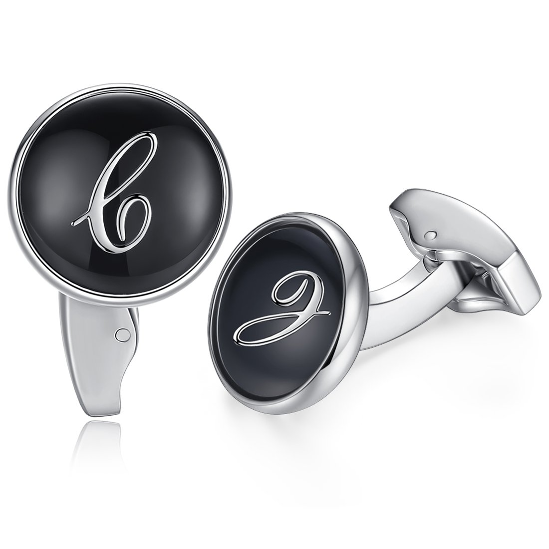 HONEY BEAR Initial Alphabet Letter Cufflinks for Men, Black Round Shape Wedding Business Gift A - Z (C)