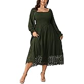SHESTARR Women's Plus Size Maxi Dress Long Sleeve Square Neck Smocked Flowy A-Line Lace Trim Wedding Guest Dresses