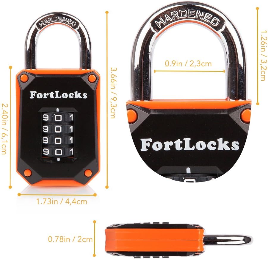 2 Pack FortLocks Gym Locker Lock - 4 Digit, Heavy Duty, Hardened Stainless Steel, Weatherproof and Outdoor Combination Padlock - Easy to Read Numbers - Resettable and Cut Proof Combo Code - Orange - - 