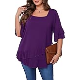 Beauhuty Womens Plus Size Tops Square Neck Tunic Double Ruffles Hem 3/4 Sleeve Shirt Casual Trendy Flow Loose Dressy Blouse