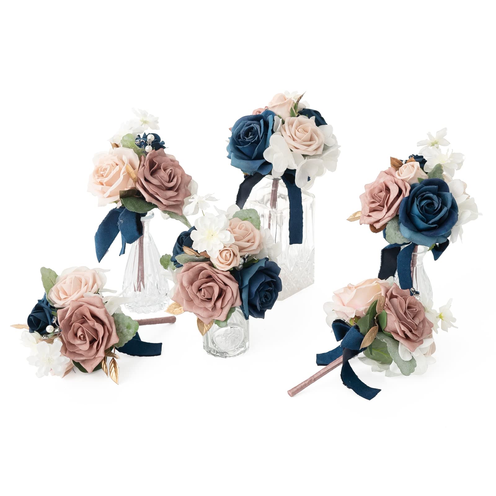Photo 1 of Ling's moment Navy Blue Wedding Centerpieces Flowers Mini Bridesmaid Bouquets Set of 6 Wedding Table Centerpieces Decor Pre-Made Floral - Dusty Rose & Navy