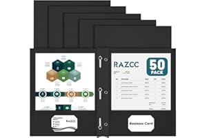 RAZCC 50 Pack Two Pocket Folders With Prongs, 3 Prong Folders Fit Letter Size Paper, File Folders for School Office Home Business, Black