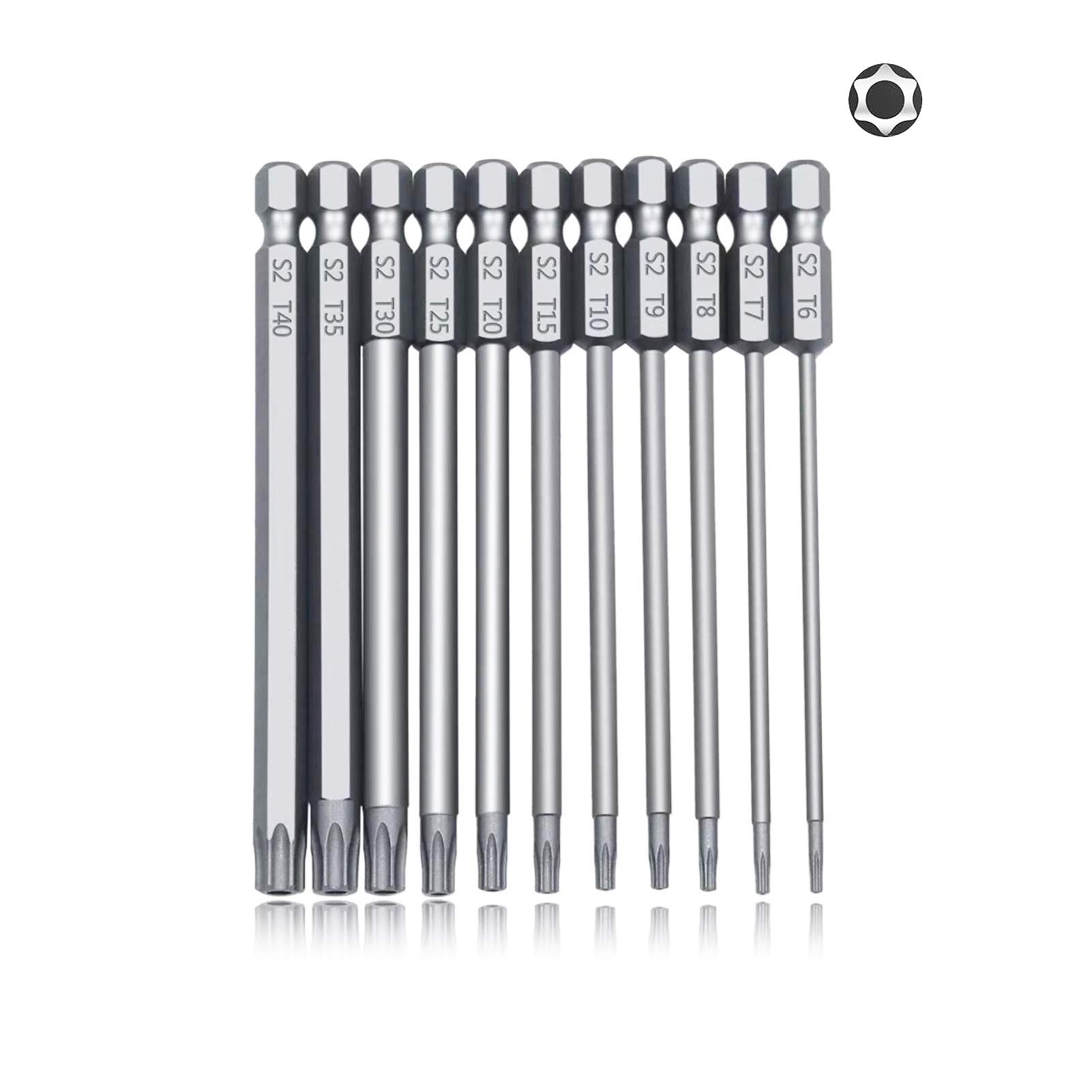 Torx Screwdriver Set Long 4 Inch 11 PCS T6-T40 Magnetic Torx Security Screwdriver Bits Set 1/4” Hex Shank Security Long Screwdriver Bit Set for Drill 100MM