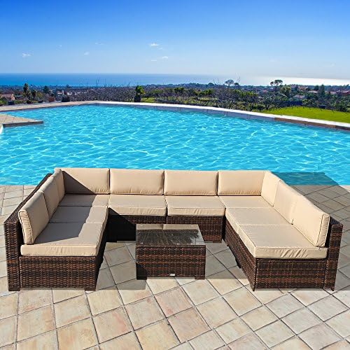 Patio Furniture Sectional Sofa 9 Piece All-Weather Brown Wicker Rattan with Beige Cushions &amp; Glass Coffee Table,Steel Frame