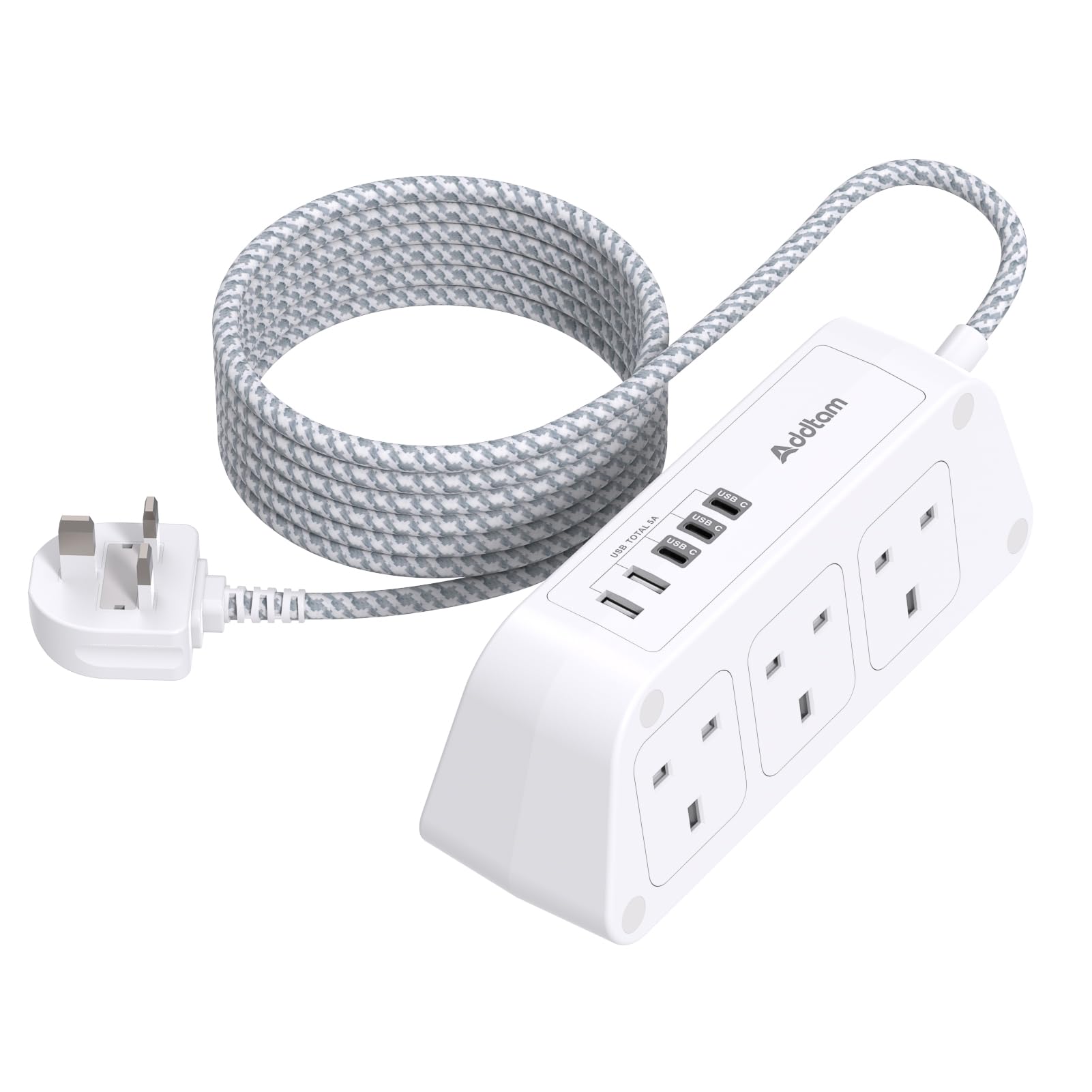 3M Extension Cable, Extension Lead with 6 Way Outlets 5 USB, 3250W Overload Protection, 3M Braided Extension cord, Surge Protection Plug Extension Socket