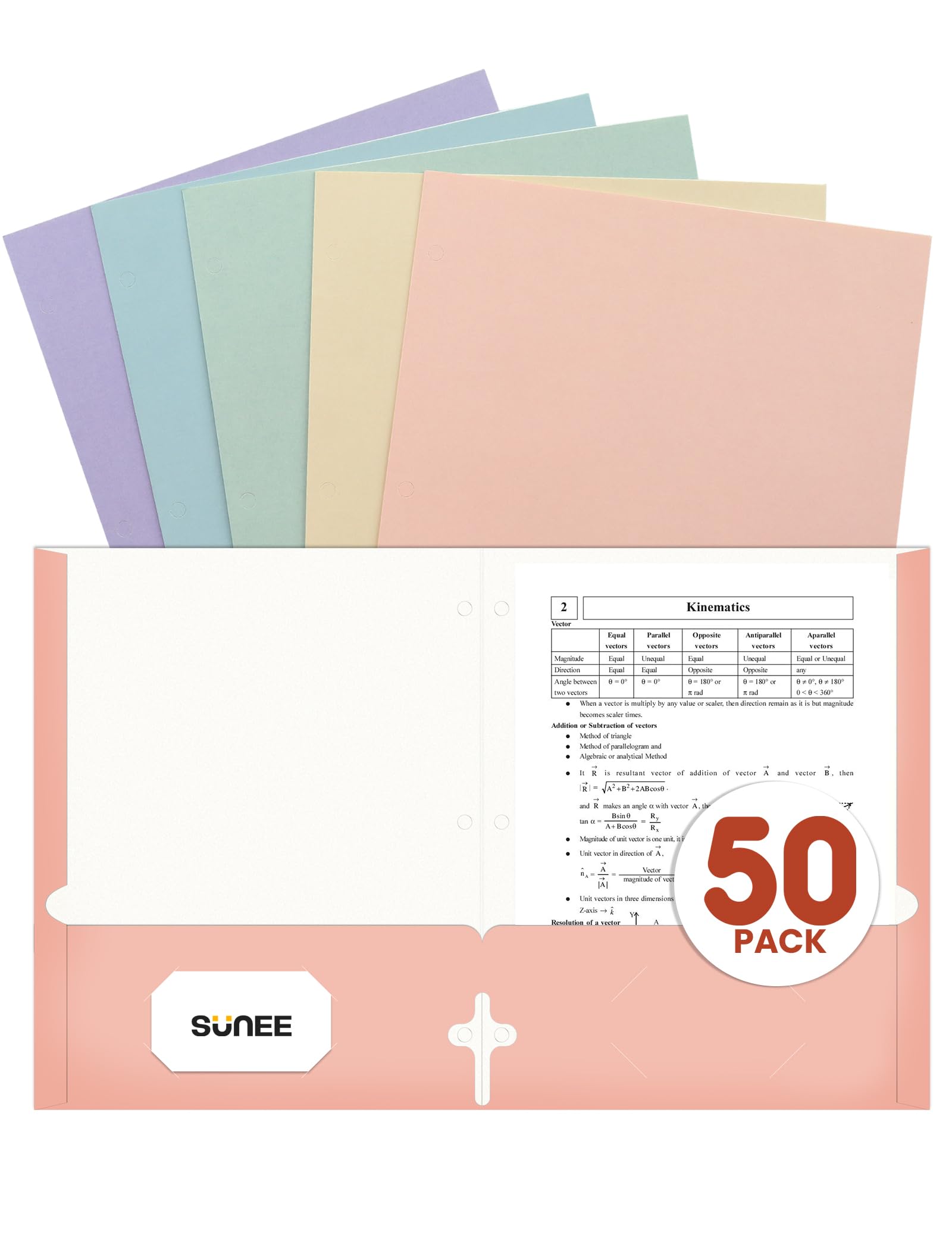 Photo 1 of SUNEE Folders with Pockets 3 Hole Punched(50 Pack, Pastel Colors), 2 Pocket Folders Fit Letter Size Paper, Paper File Folder for School Office Home Business