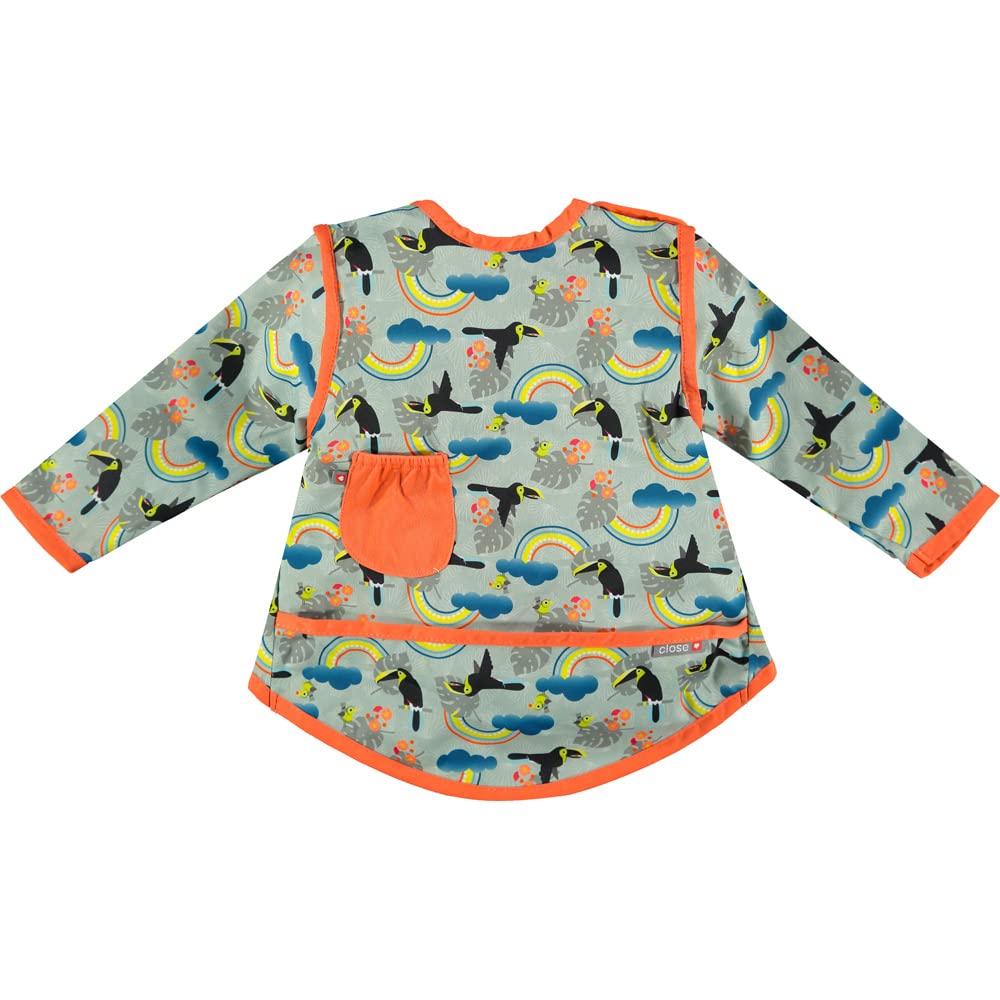 Close Pop-in Toddler Long Sleeve Bib with Front Pocket from 18 to 36 months old | Machine washable at 40 degrees | Stage 4 Toucan Print