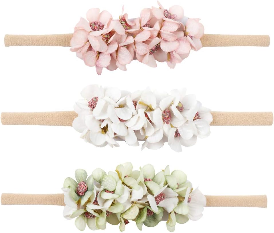 Baby Girl Nylon Headbands Infant Flower Elastic Hair band Bows Wraps For Newborn Toddler Hair Accessories Pack of 3