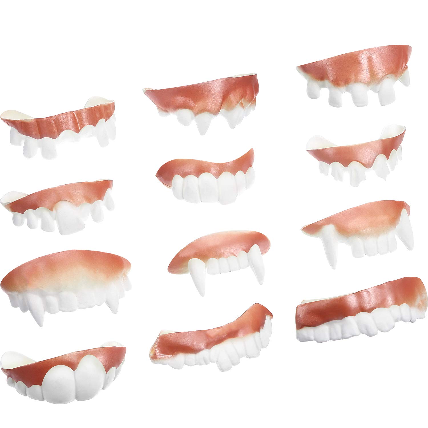 Photo 1 of Boao 12 Pieces Fake Teeth Vampire Teeth Halloween Gnarly Fangs Ugly Prank Gag False Fangs Joke Bob Denture for Halloween Cosplay Party Favors Photos Props 12 Styles