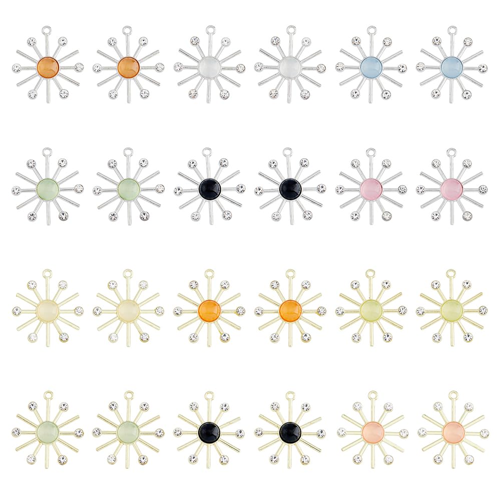 SUPERFINDINGS 24Pcs 12 Colors Cat Eye Sun Pendants Alloy Sunflower Charms with Crystal Rhinestone Dangle Pendants for DIY Bracelet Necklace Earring Jewelry Making, Hole: 2mm