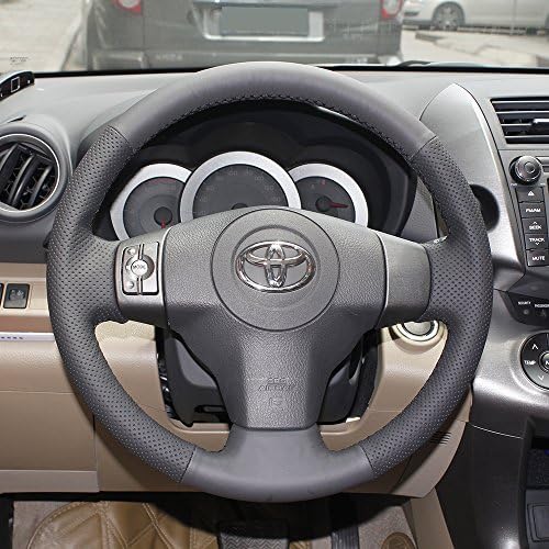 16sixteen Luxury Hand Sewing Anti-slip Breathable Nappa Leather Stitch On Car Steering Wheel Cover for Toyota Yaris, Gray Cover, 9 Color Threads
