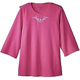 Silvert's Women’s Open Back Adaptive Embroidered Neckline Design Top for Seniors - 3/4 Long Sleeve Scoop Shirt