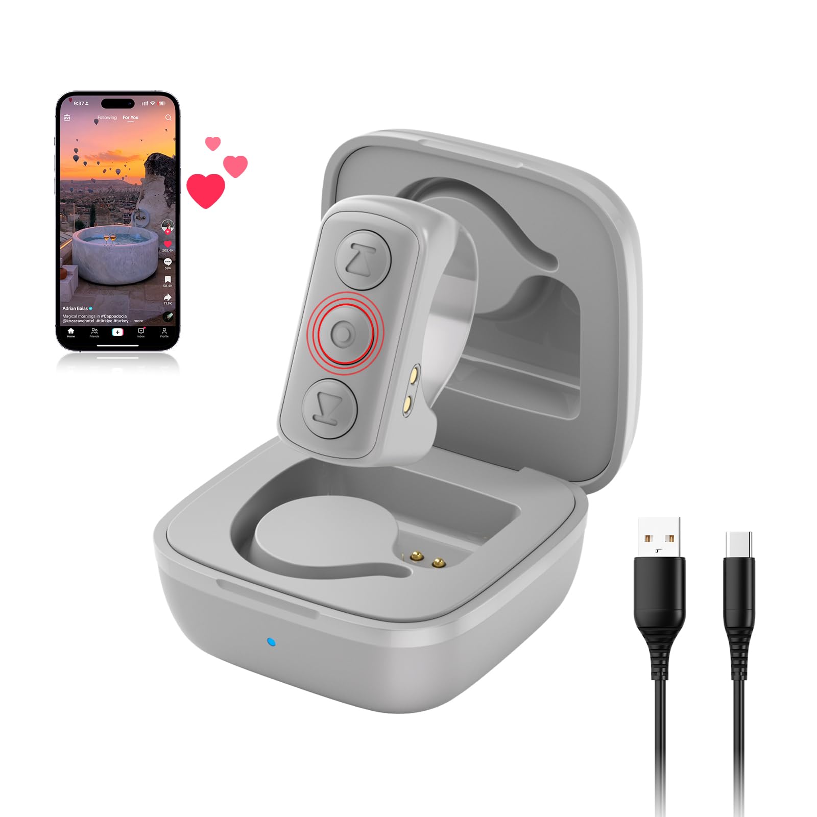 TikTok Scrolling Ring, Bluetooth Remote Control Page Turner for iOS iPad Android, Finger Scroller for TikTok Camera Video Shutter Selfie Button - Grey