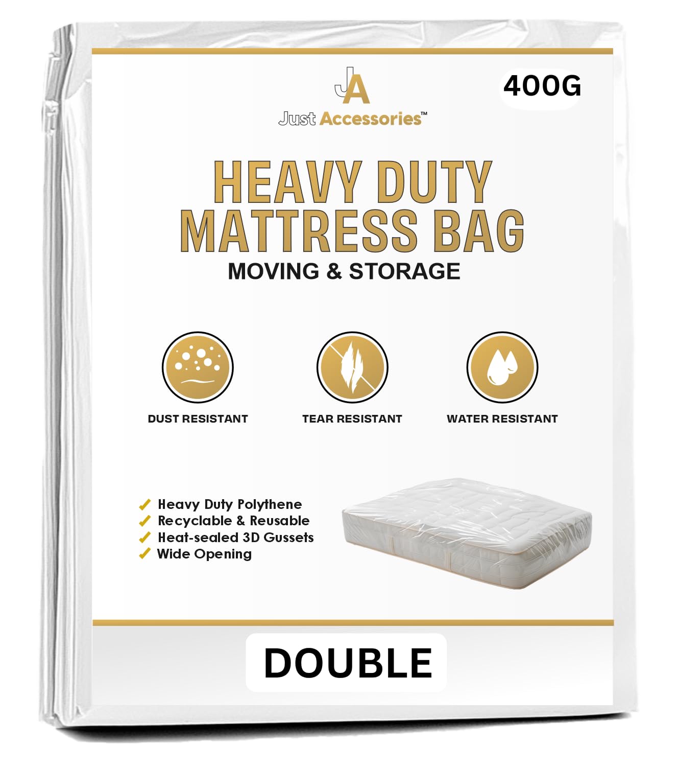 Just Accessories® 4ft 6" Double Heavy Duty Mattress Bags For Storage Moving Removal Mattress Polythene Protector Cover 4’6” x 6’3” / 135 x 190cm / 53 x 75ins