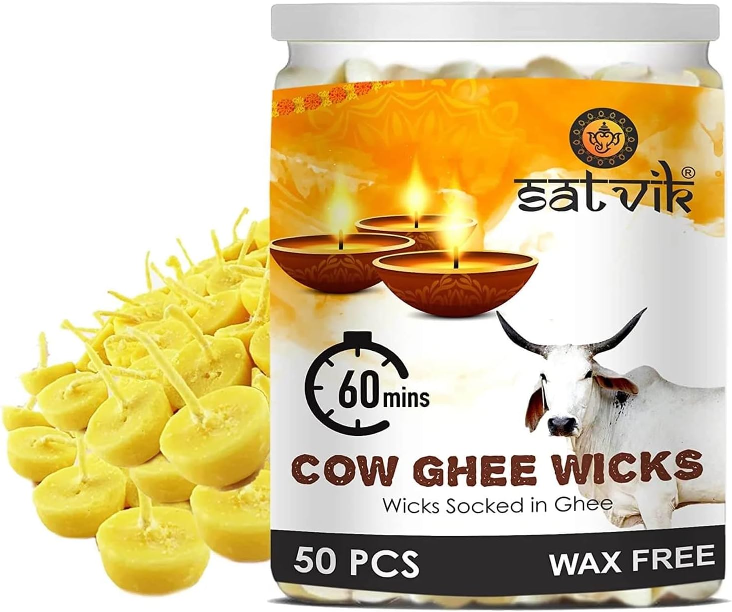 Oil Lamps & Accessories - SATVIK 50 Pc Pure Cow Ghee Wicks for Pooja 60 Min Burning Time Home Mandir Nitya Pujan Readymade Ghee Jyot Ghee Diya Indian Housewarming Return Gift Items Puja Accessories Diwali Diya Cotton Wicks