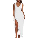 Mokoru Women's Sexy Bodycon V Neck Sleeveless Ruffle Hem High Slit Cocktail Party Maxi Dresses