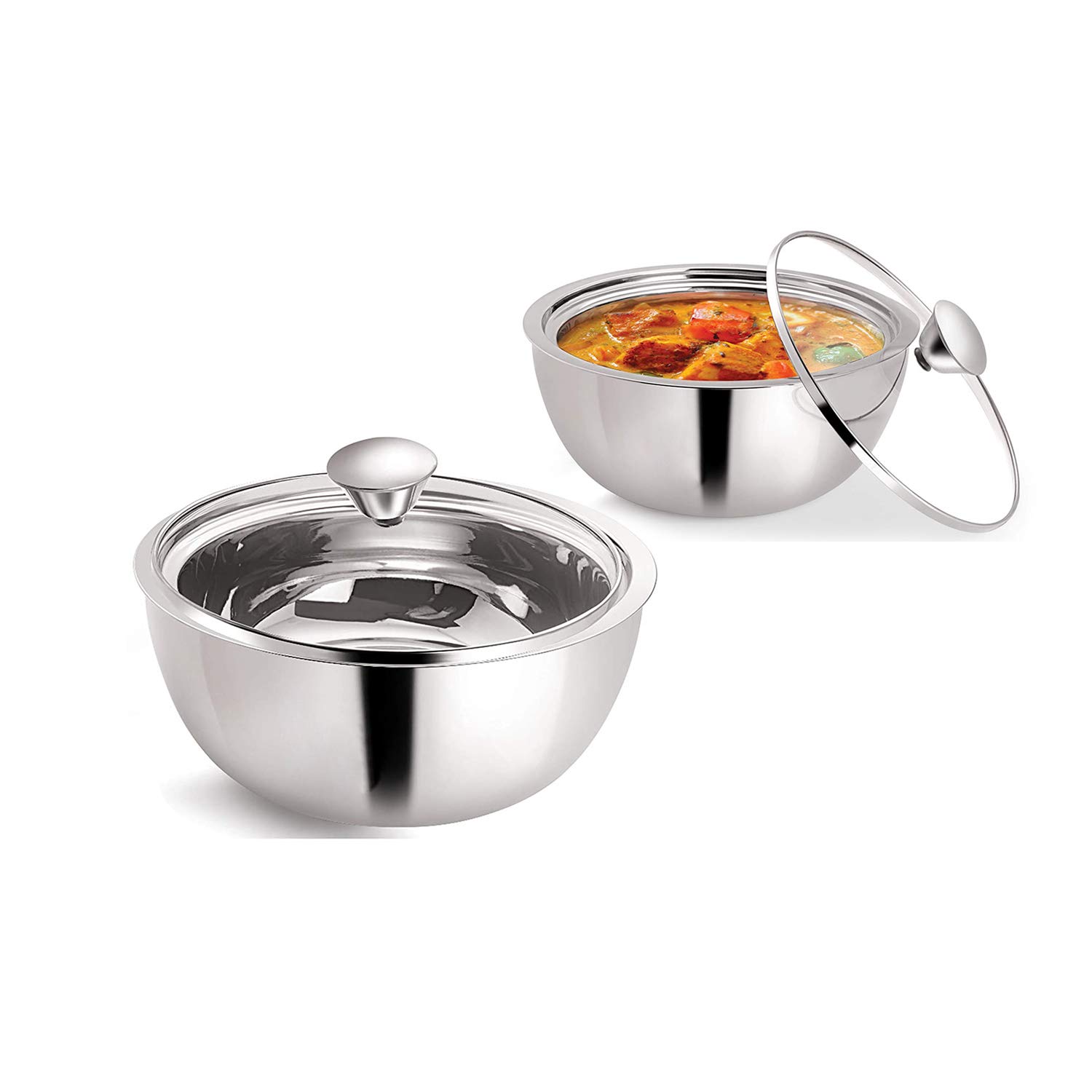 Buy Zaib Stainless Steel Insulated Curry Server, Serving Bowl with Glass Lid, Silver Size 1500