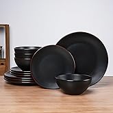 Famiware Venus Plates and Bowls Sets, 12 Pieces Stoneware Dinnerware Sets, Dishes Set for 4, Microwave and Dishwasher Safe, Matte Black