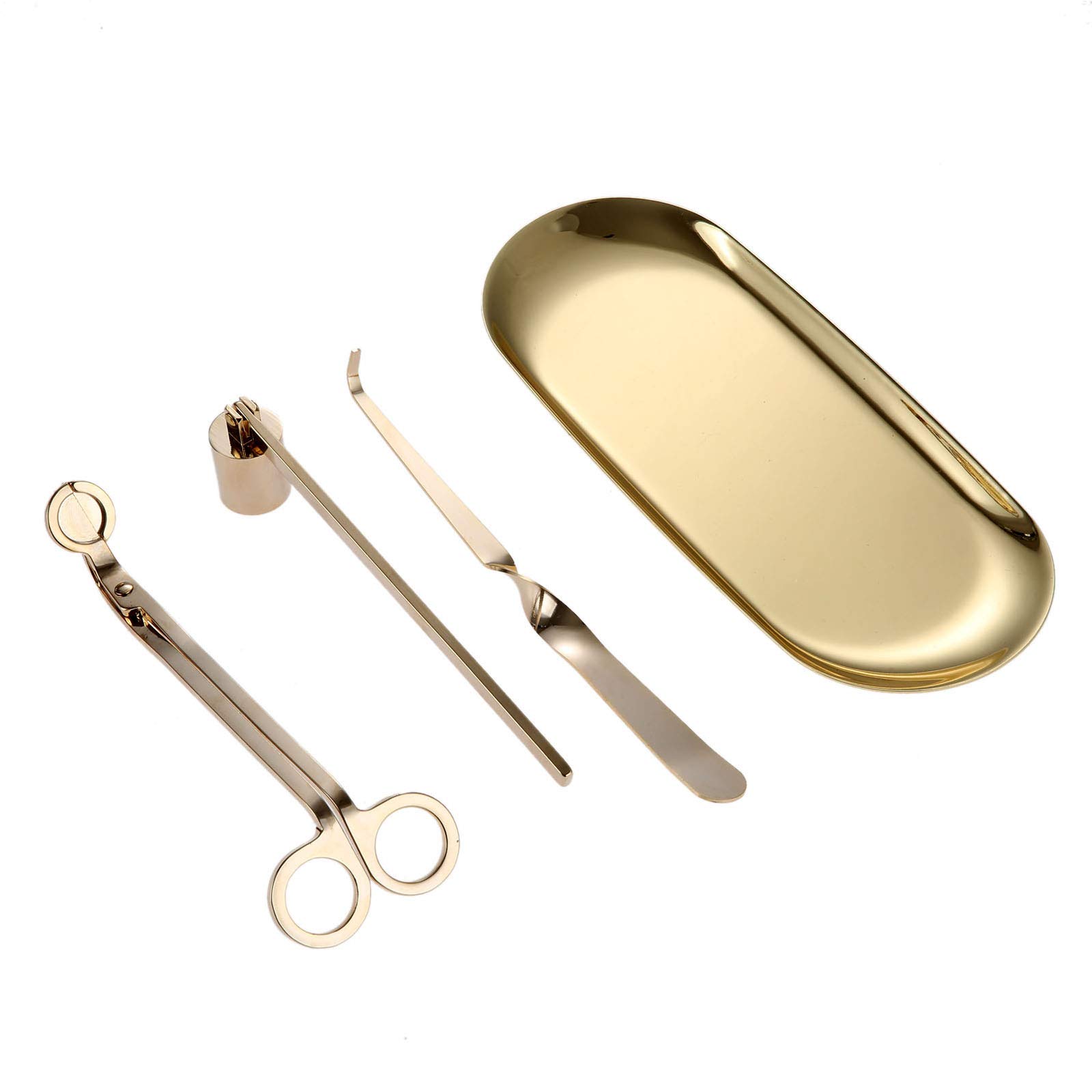 MUXSAM Candle Accessory Set - Snuffer, Wick Trimmer, Tray & Core Hook - Stainless Steel Tools Pack - Gold - 4 Pcs