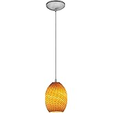 Brandy FireBird Glass Pendant - 1-Light Pendant - Cord - Brushed Steel Finish - Amber Firebird Glass Shade
