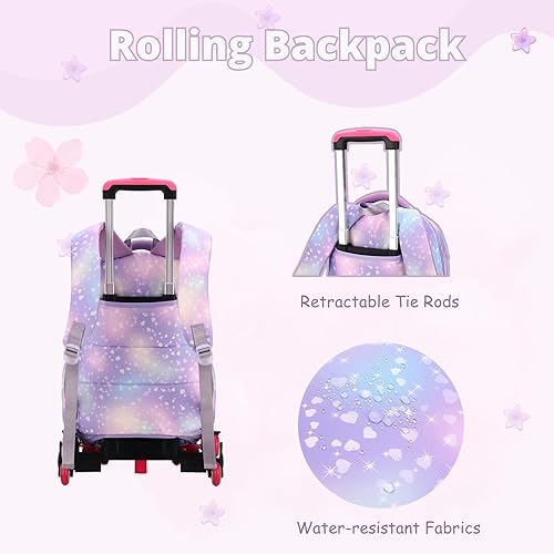 3Pcs Rolling Backpack for Girls Dream Princess Wind Bookbag with
