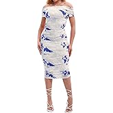 Yucixitug Women Off Shoulder Ruched Going Out Formal Club Bodycon Mesh Dress