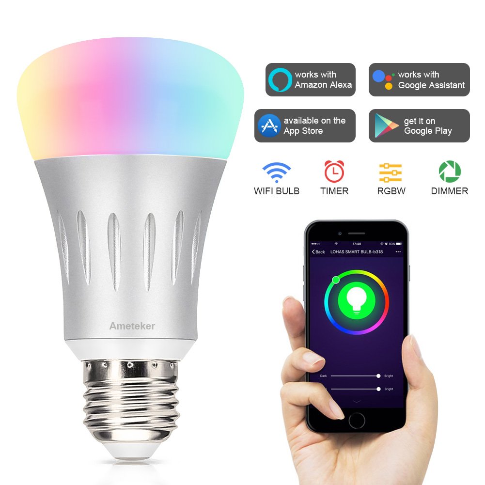 Amteker WiFi Smart Bulb - 7W RGBW Dimmable LED Bulb E27 Works with Alexa Echo, 60W Equivalent, Remote Control by Smartphone IOS & Android