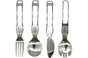 Pinenjoy 4Pcs Folding Camping Utensils Set Portable 18/10(304) Stainless Steel Flatware include Dishwasher Safe Spoon Fork Knife for Picnic Travel Hiking Backpacking
