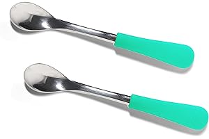 Avanchy Infant Baby Spoons Stainless Steel and Silicone Set, Self Feeding Food Utensils, 4 Months Baby Led Weaning, 2 Pack, Green