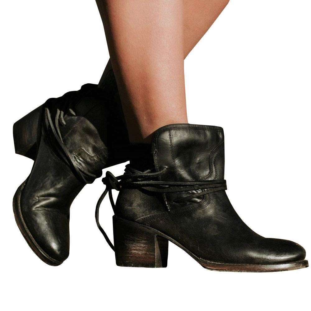 Women’s Vintage Ankle Booties Strappy Lace-Up Chunky Stacked Heel Distressed Leather Color Block Western Boot