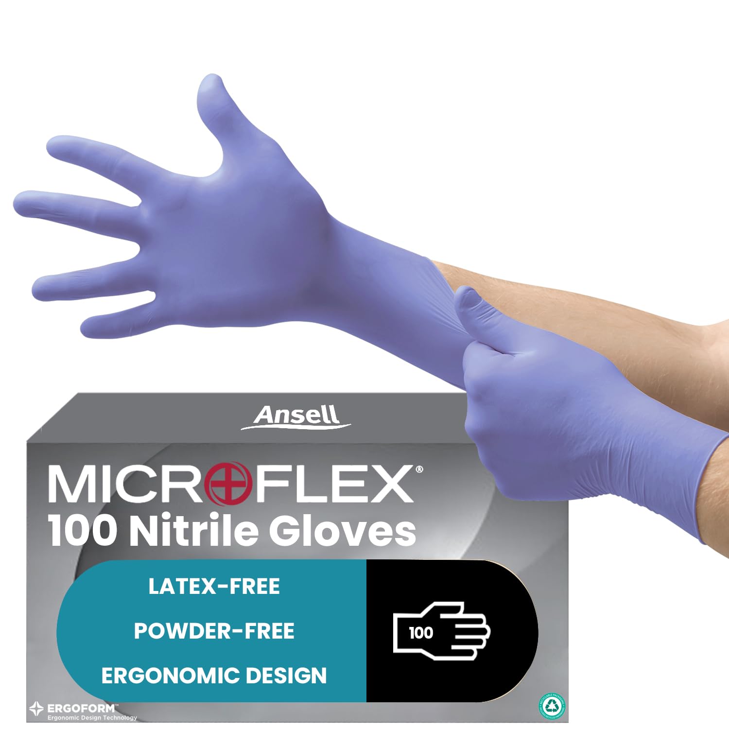 Ansell MicroFlex 93-843 Powder-Free Disposable Nitrile Gloves, Multipurpose, Chemical and Mechanical Protection, Blue, Size XL (100 Pieces)