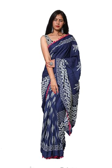 Womens Hand Block Cotton Mulmul Jaipuri Print Saree with Blouse (CT-MUL-PCN-102, Blue)