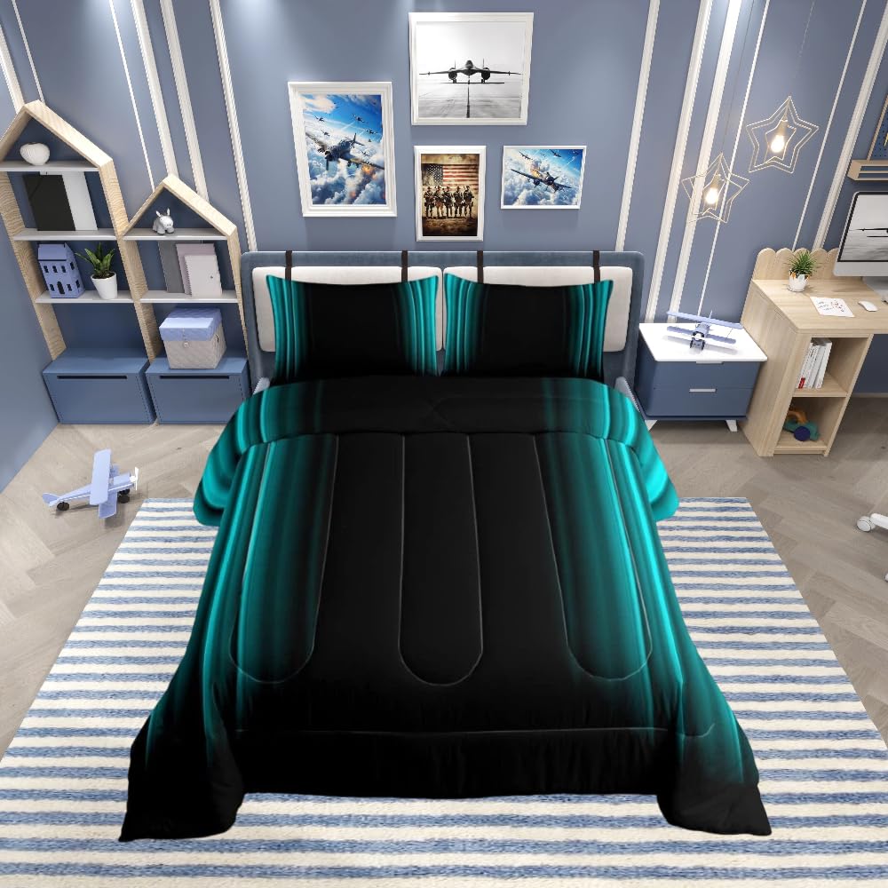 Loussiesd Geometric Abstract Ombre Down Duvet Set Kids Teens Teal and Black Striped Bedding Bed Set Decor Modern Fashion Duvet Insert Bedroom Collection 2Pcs Single Size