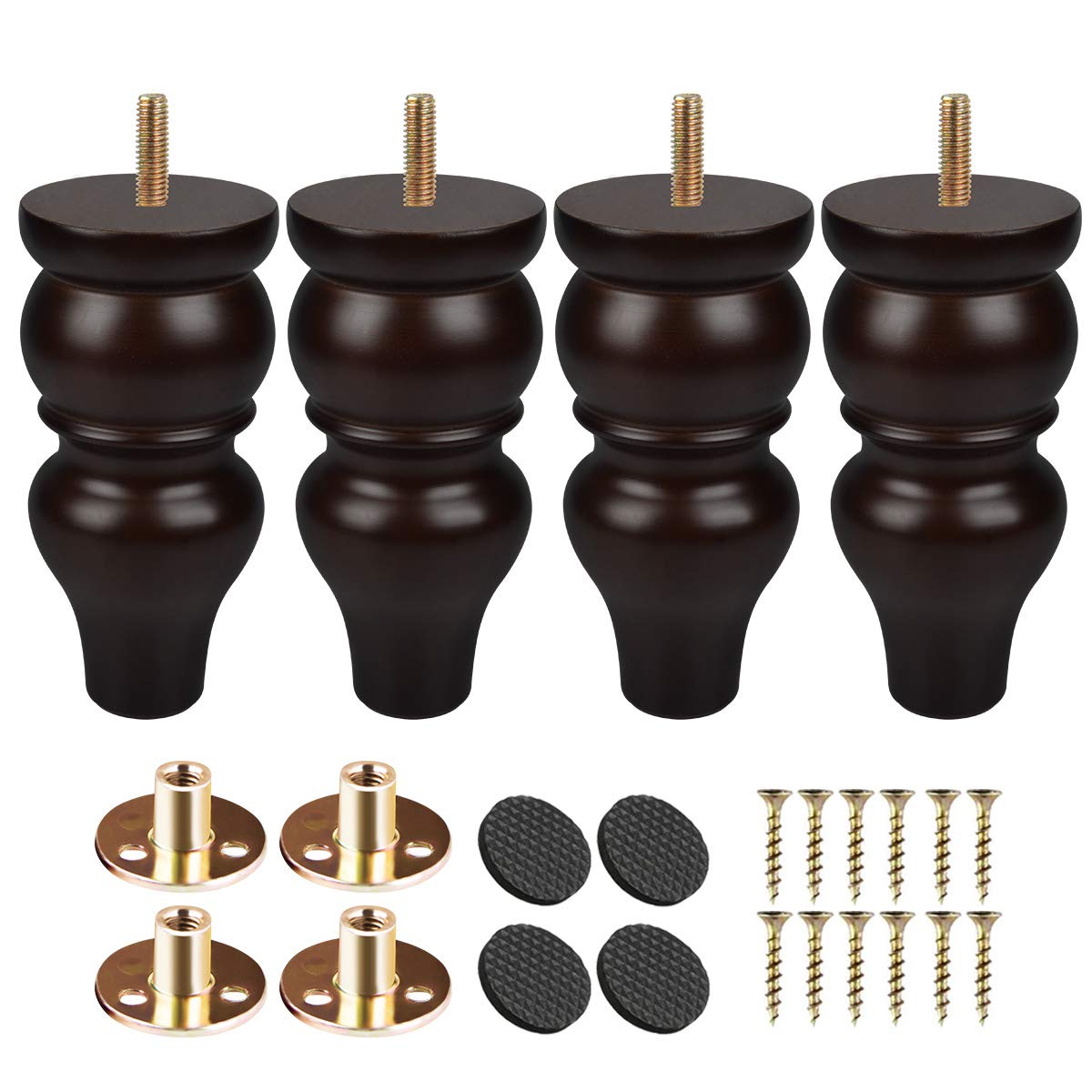 Btowin 6 inch Solid Wood Furniture Legs, 4Pcs Turned Wooden Bun Feet with Threaded M8 Hanger Bolts & Mounting Plate & Screws for Sofa TV Stand Ottoman Couch Armchair