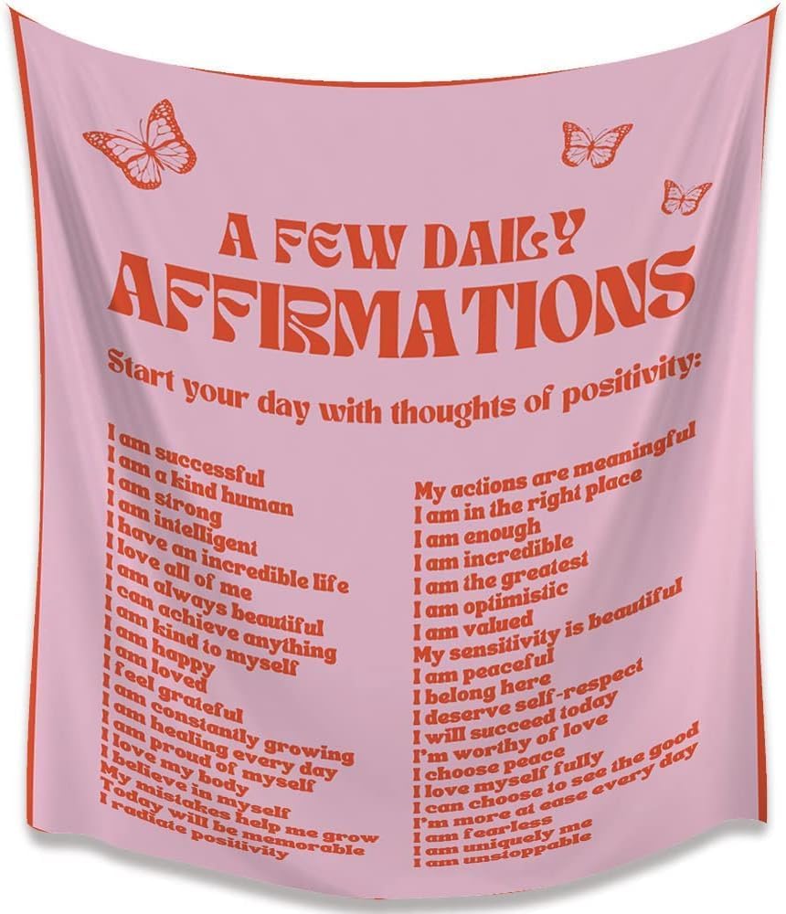 Tapestries - Red Vintage Tapestry Daily Positive Affirmations Wall Decor Hanging with Butterflies Wall Aesthetic Tapestry for Bedroom Living Room Dorm (Pink, 51.2