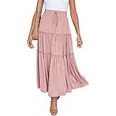HAEOF Womens Summer Flowy Boho Maxi Skirt Elastic High Waist A Line Pleated Tiered Trendy Beach Long Skirts with Pockets