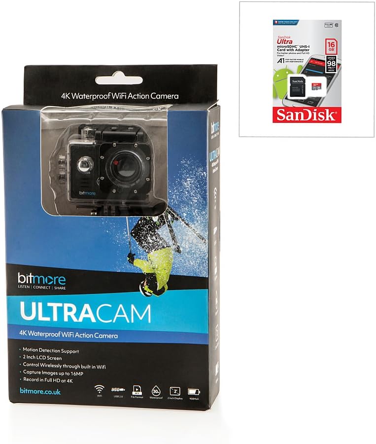 Bitmore Ultra HD 4K Action Camera Wi-Fi 2inch LCD Screen with SanDisk 16GB MicroSD Card