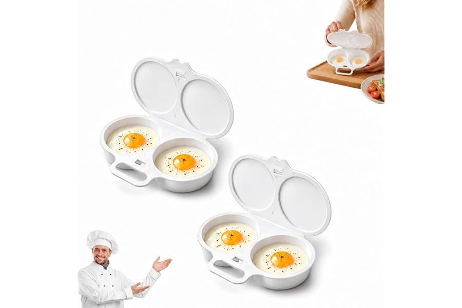 2027 Upgraded Dual Cavity Microwave Egg Poacher with Lid and Handle, Quick-Heat Nonstick Microwave Egg Cooker for 2 Eggs, Oil-Free Food-Grade Kitchen Tool, White*2