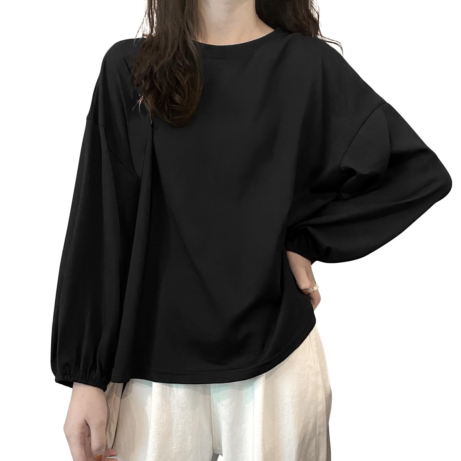 Adcey (New Colors) Long Sleeve T-shirt, Women's, Tops, Autumn & Winter, Exquisite Length, Relaxed Feeling, Cut & Sewn T-Shirt, Round Neck, Lantern Sleeves, Casual, Volume Sleeves, Loose, Plain