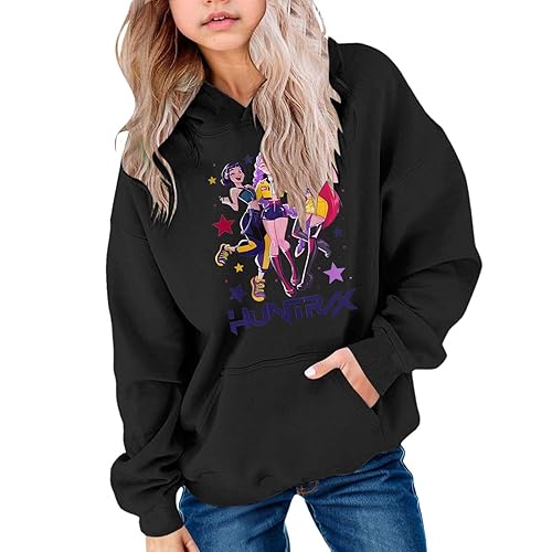 K Pop Demon Hunters Merch Hoodies, Halloween Costumes Hoodie, Hun tr/X Anime Character Graphic Girls Y2k Pullover Hip Hop Streetwear Oversized Long Sleeve Hooded Sweatshirt A-black