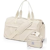 Gym Bag for Women Men, Sport Duffel Bag with Toiletry Bag & Shoe Compartment,Waterproof Travel Weekender Overnight Carry on Bag for Yoga with Trolley Sleeve, Beige Set