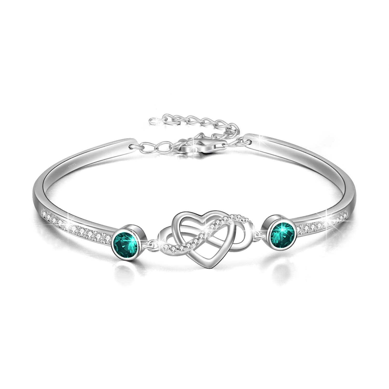 Infinity Bracelet Sterling Silver Love Heart Adjustable Bangle Bracelet with Birthstone Crystals, Friendship Wedding Anniversary Birthday Gifts for Her Women Wife Girlfriend Mum (Simulated Emerald)