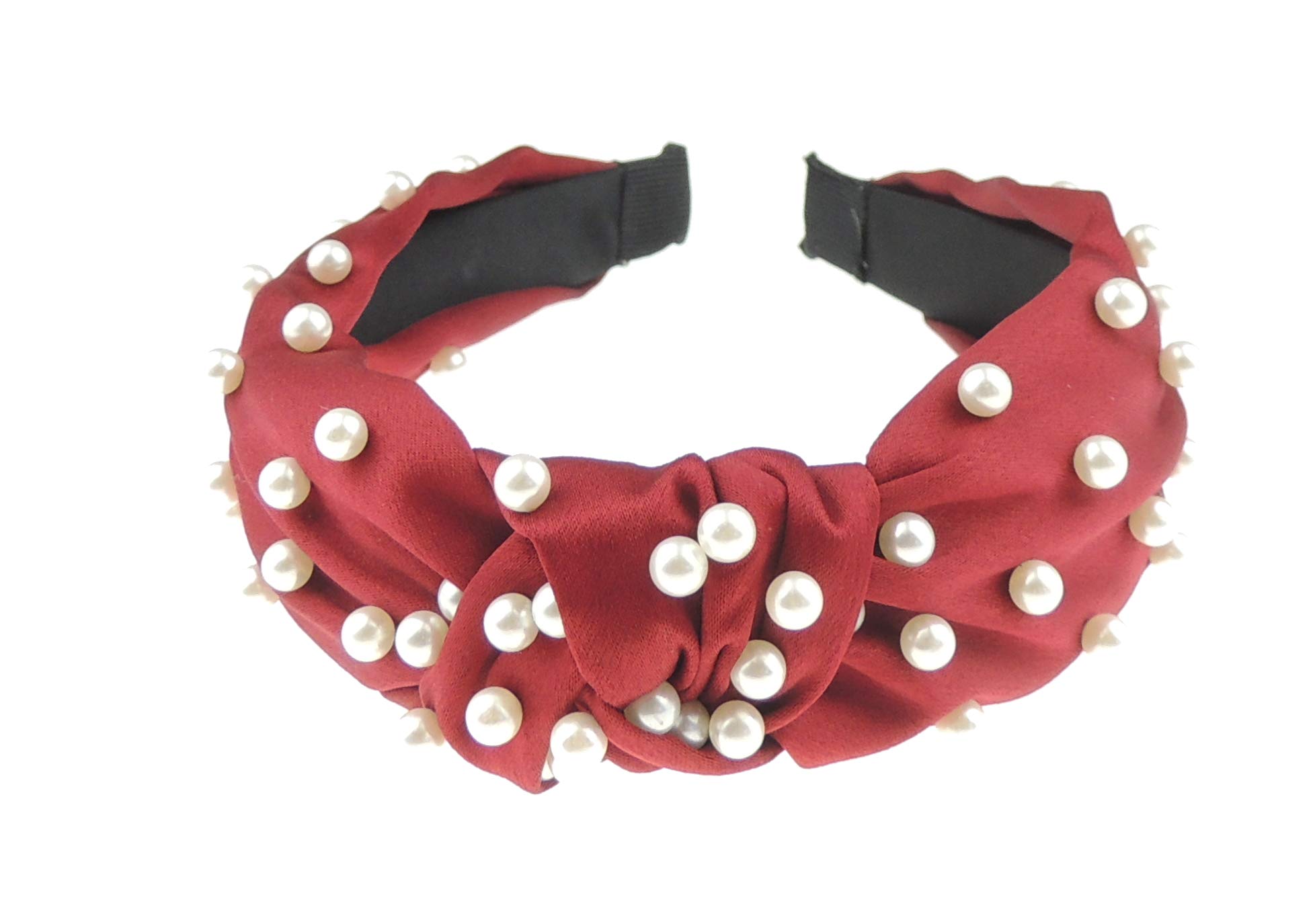 Ladies Draped Silk Look Faux Pearl Knot Headband Alice Band (Burgundy)