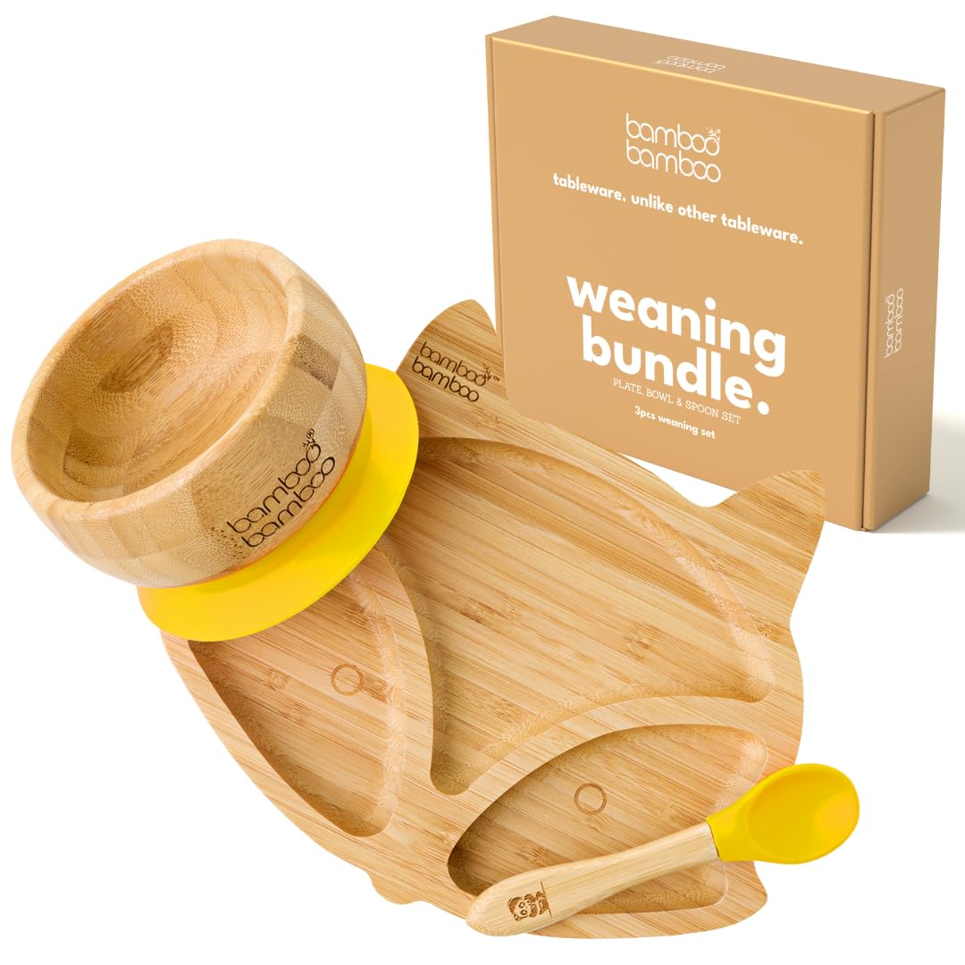 bamboo bamboo Baby Plate & Bowl Weaning Set with Secure Suction for Feeding and Weaning, Bamboo Fox Plate, Toddler Bowl & Baby Spoon, Suction Plates for Babies from 6 Months (Fox, Yellow)