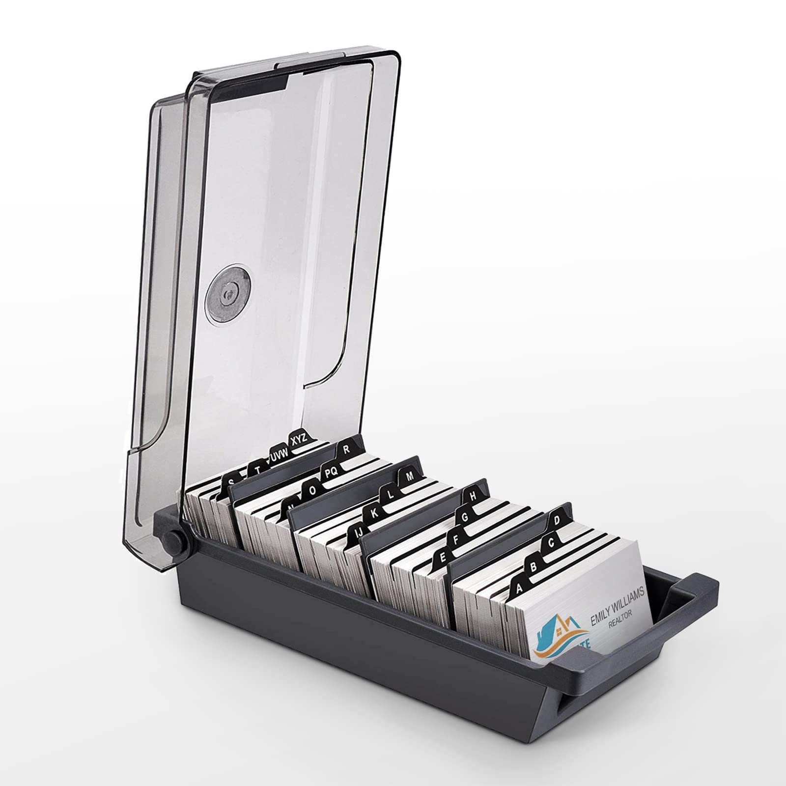 Senbaler Business Card Organiser Box for 500 Cards with Dividers, AZ Index Tabs and Translucent Teal Lid