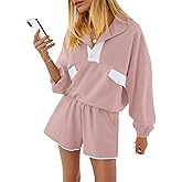 Fisoew Womens 2 Piece Sets Sweatsuits Casual Half Button Color Block Sweatshirts Running Shorts Tracksuits Fall Outfits