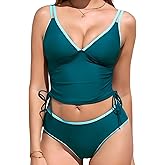 RIHOAS Womens Tankini Bathing Suits, Two Piece Swimsuit Cute Tankini Deep V Neck Strap Color Block Swim Suit