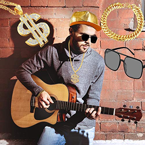 8 Pieces 80s 90s Hip Hop Costume Set Rapper Outfits,2 Adjustable Flat Brim Snapback Baseball Cap 2 Hip Hop DJ Sunglasses 2 Gold Chain with Dollar Sign Pendant 2 Bracelet for Cool Rapper Outfits